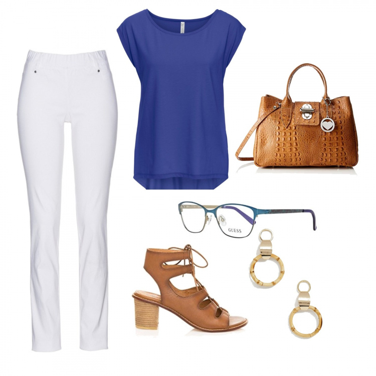 Outfit donna - Colloquio d\'estate. Stile Bon Ton per Ufficio. Abbinamento con pantaloni, maglia fantasia, borsa a mano marrone, sandali in pelle, montatura occhiali blu, orecchini pendenti farfalla oro.