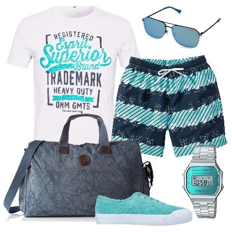Outfit uomo - Oggi piscina. Stile Casual per Sport. Abbinamento con t-shirt con stampa bianco, braccialetti, occhiali da sole blu.