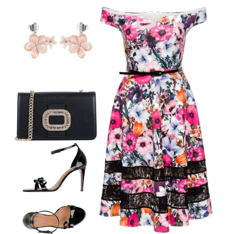 Outfit donna - Appuntamento con l\' amore. Stile Chic per Serata fuori. Abbinamento con maglieria, sandali, borsa a tracolla mini con strass interno foderato tinta unita, orecchini.