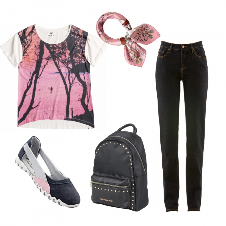 Outfit donna - Passeggiando comoda. Stile Basic per Sport. Abbinamento con jeans mom, scarpe sportive, borsa, t-shirt rosa, sciarpa in raso.