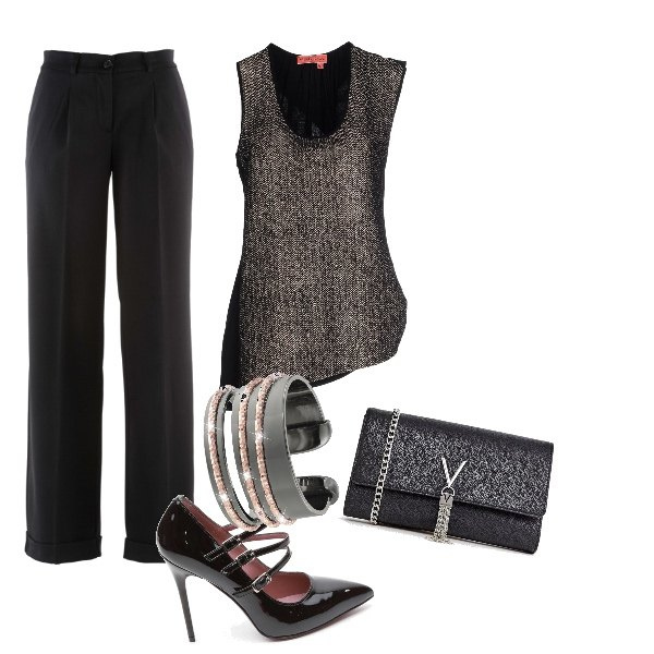 Outfit donna - Rock #1797. Stile Rock per Serata fuori. Abbinamento con pantaloni, top, anello, pochette nero, décolleté effetto vernice.