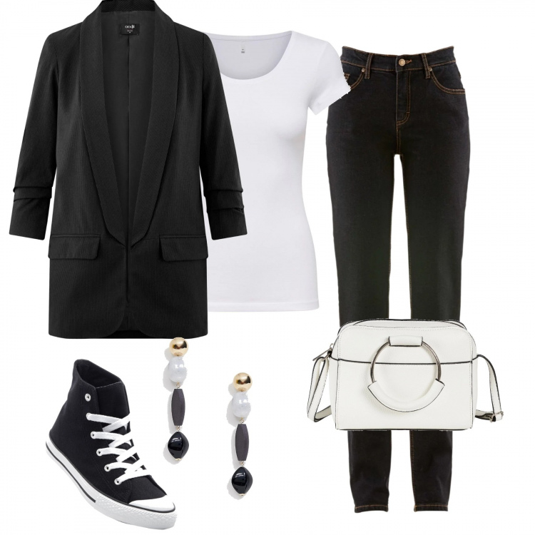 Outfit donna - Bianco e nero con gusto. Stile Urban per Tutti i giorni. Abbinamento con jeans mom, sneakers alte, borsa a tracolla con zip bianco, t-shirt bianco, blazer collo aperto aderente nero, orecchini pendenti petite farfalla con perline.