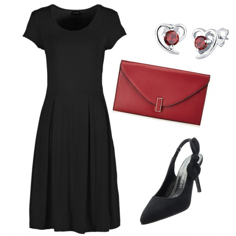 Outfit donna - Primo appuntamento. Stile Basic per Serata fuori. Abbinamento con vestiti, pantaloni corti, pochette rosso, orecchini con zirconia in argento 925 certificato autenticità.