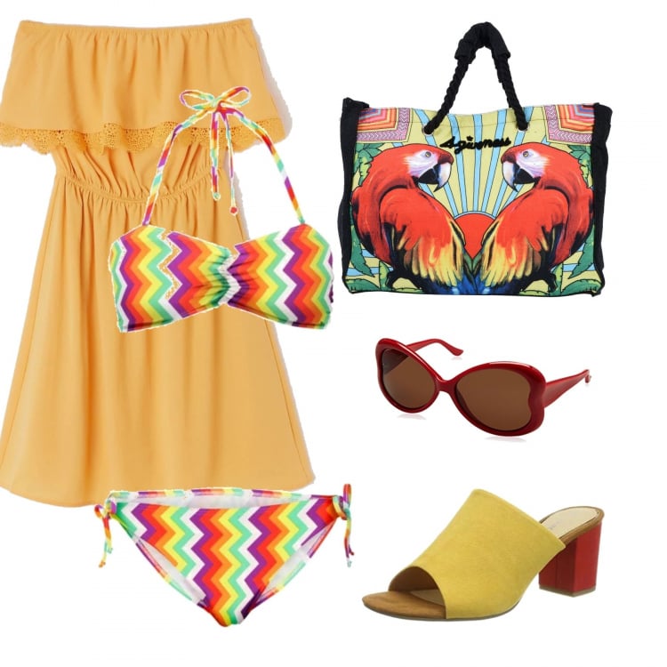 Outfit donna - Il mio mare mi aspetta. Stile Basic per Mare. Abbinamento con bikini con fasce, borsa a mano maxi fantasia multicolore con zip interno foderato in velluto, vestito mini con ruches e spalle scoperte tinta unita, ciabatte, occhiali da sole.