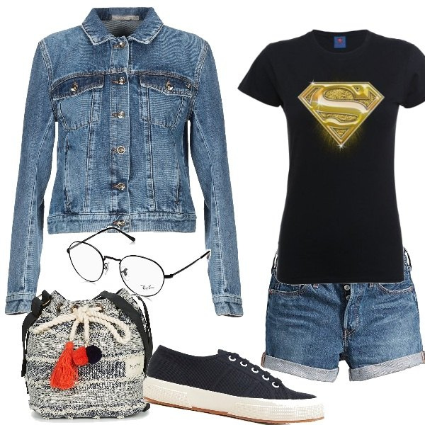 Outfit donna - Identità segreta. Stile Basic per Scuola/Università. Abbinamento con giacca con strass delavé collo classico a maniche lunghe in denim tinta unita, borsa a tracolla blu, t-shirt, pantaloni corti, sneakers nero, montatura occhiali unisex-adulto nero.