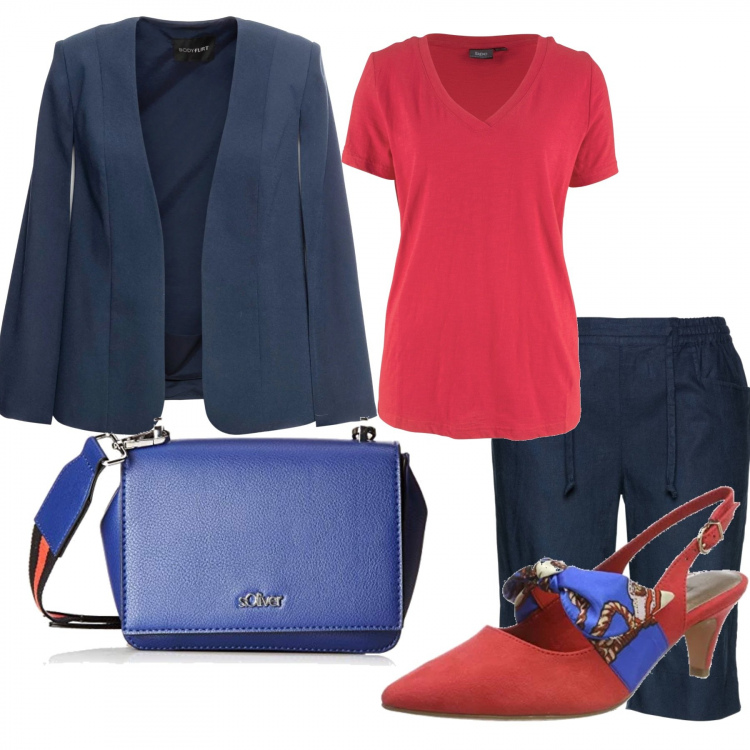 Outfit donna - Domani: ritiro pagelle.. Stile Trendy per Tutti i giorni. Abbinamento con bermuda, blazer, maglia con scollo a maniche corte rosso, ballerine, borsa a tracolla.