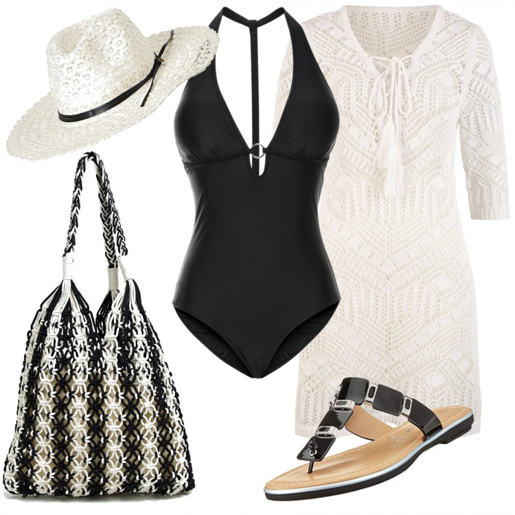 Outfit donna - Basic #9321. Stile Basic per Mare. Abbinamento con costumi interi, copricostume con scollo bianco, infradito nero, shopping bag a righe bianco e nero, berretti.