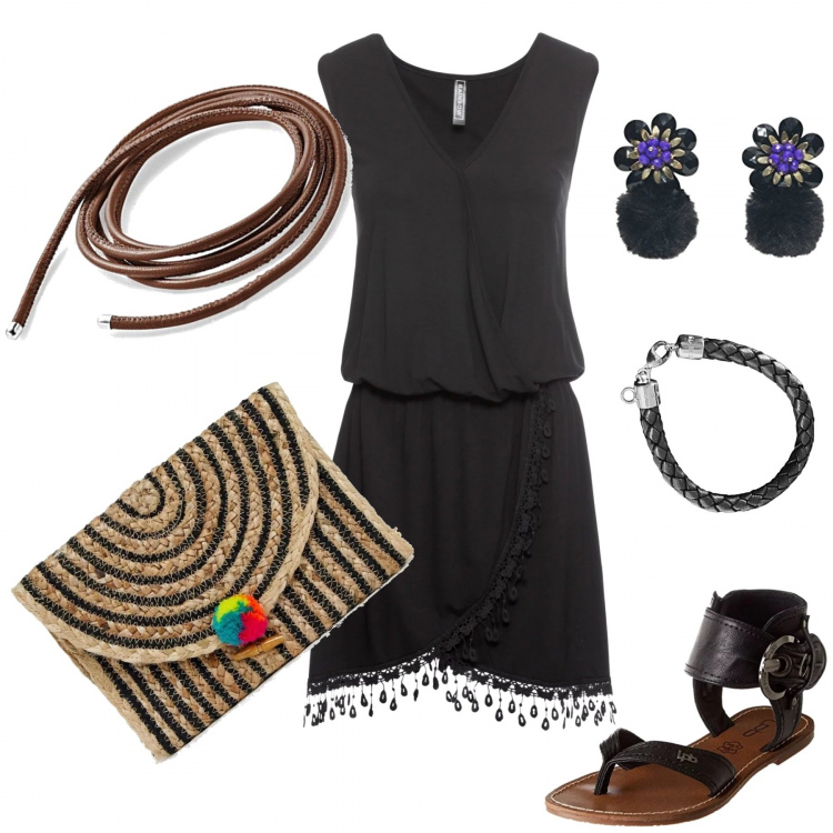Outfit donna - Vacanze /Mare /Shopping. Stile Etnico per Mare. Abbinamento con vestiti, sandali open toe nero, borsa a tracolla a righe, collana in sterling 925 argento, bracciale in argento 925 nero, orecchini a perno.