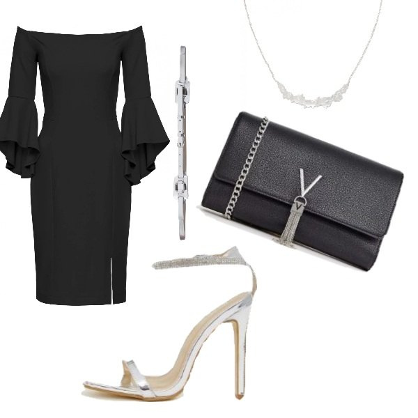 Outfit donna - First date with elegance. per Serata fuori. Abbinamento con vestiti midi/longuette, cintura effetto laminato con fibbia in pelle sintetica tinta unita, collane, sandali con strass e cinturino nudo e argento, pochette nero.