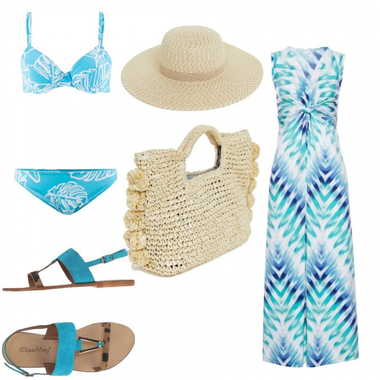Outfit donna - L\'estate addosso. Stile Basic per Mare. Abbinamento con sandali fantasia multicolore effetto scamosciato senza tacco con fibbia interno in pelle con punta tonda, vestiti, camicie, pochette in paglia, cappello contrasto con fasce in paglia rosa.