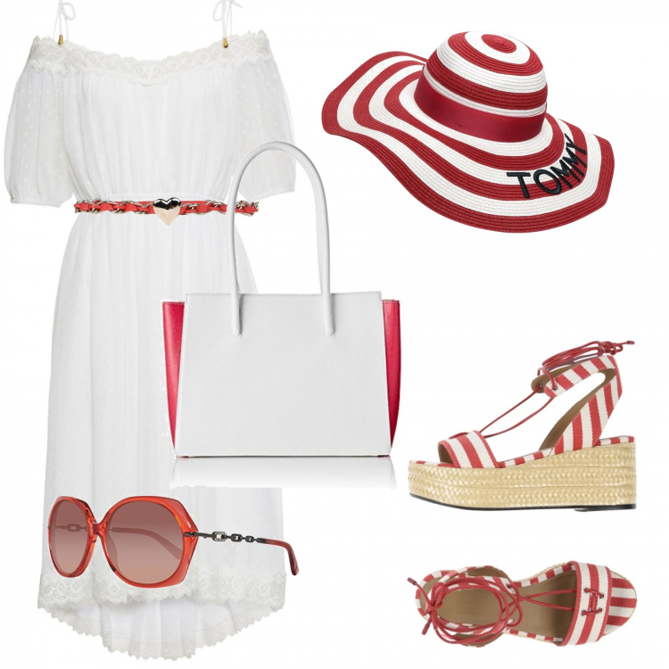 Outfit donna - Trendy #15561. Stile Trendy per Mare. Abbinamento con vestiti, cintura con fibbia in pelle sintetica tinta unita rosso, sandali a righe con tacco zeppa e punta tonda pianta stretta, cappello a righe con ricamo taglia media, occhiali da sole arancione, borsa a tracolla con manico multicolore e bianco.