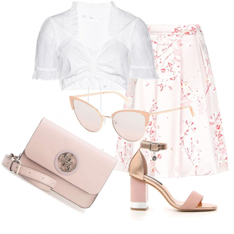 Outfit donna - Prevalentemente rosa. Stile Bon Ton per Tutti i giorni. Abbinamento con gonna longuette fantasia floreale con zip interno foderato in raso elasticizzato, occhiali da sole in montatura in metallo, camicie, sandali, borsa a tracolla mini effetto martellato con zip in ecopelle oro.