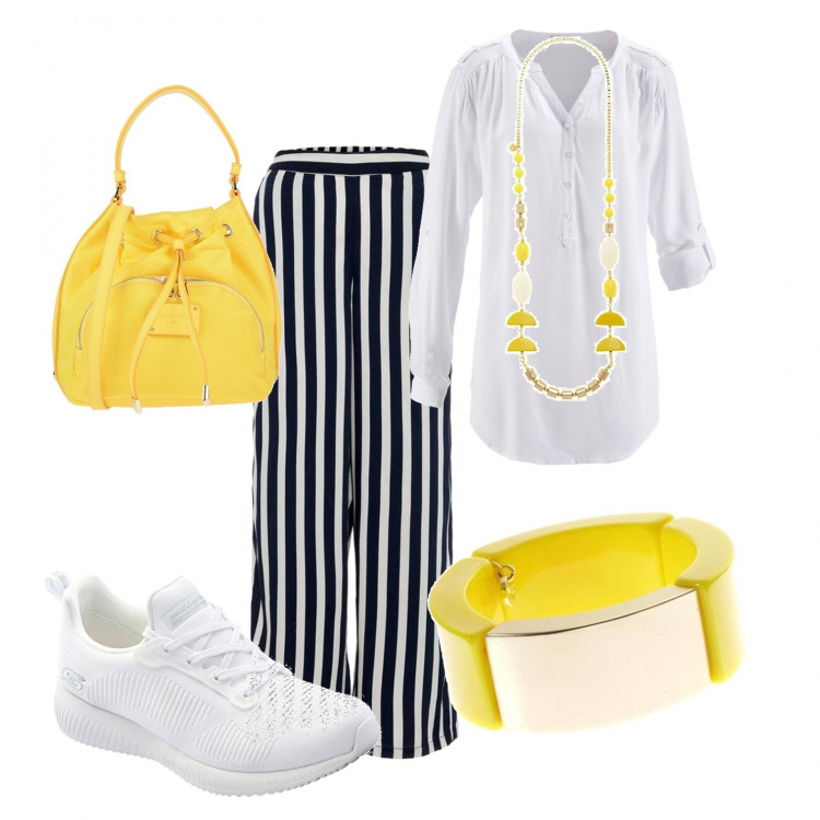 Outfit donna - Sporty chic. Stile Trendy per Tutti i giorni. Abbinamento con tuniche, sneakers con lacci bianco, borsa a mano secchiello con manico taglia media con coulisse interno foderato in pelle sintetica tinta unita, pantalone blu, collana multicolore, bracciale.