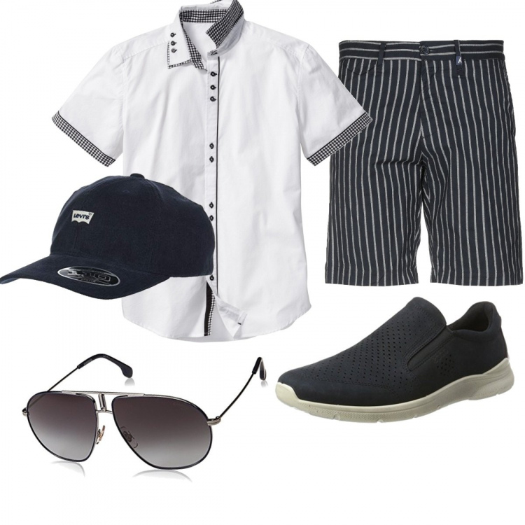 Outfit uomo - Shorts a righe. Stile Trendy per Tutti i giorni. Abbinamento con pantaloni corti e shorts, camicia a maniche corte bianco, mocassini  - navy, cappello, occhiali da sole unisex-adulto  - blu e grigio.