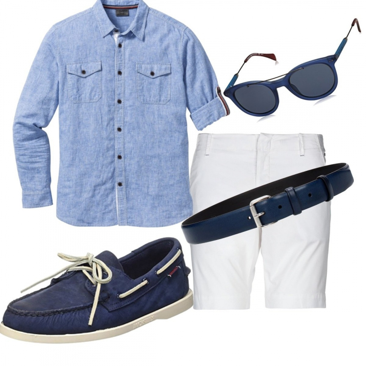 Outfit uomo - Casual #1775. Stile Casual per Tutti i giorni. Abbinamento con cinture, shorts, camicie, scarpe con stringhe effetto scamosciato blu, occhiali da sole.