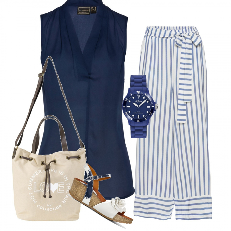 Outfit donna - Pantaloni palazzo da a....mare. Stile Basic per Mare. Abbinamento con reggiseni, blusa con scollo e pieghe blu, sandali, shopping bag sport con stampa grigio, orologi.