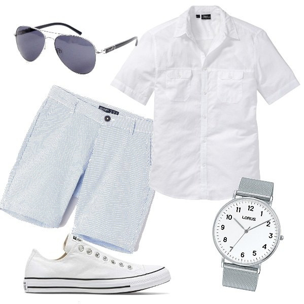 Outfit uomo - In piazzetta a Capri. Stile Casual per Mare. Abbinamento con camicie a manica corta, pantalone, slip, orologi, occhiali da sole da aviatore lenti scure stanghette sottili argento.