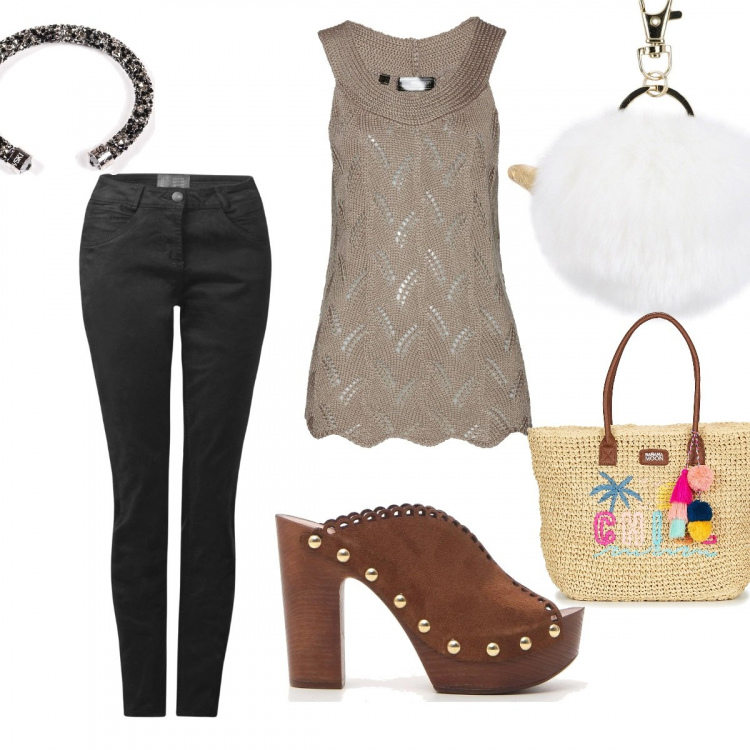 Outfit donna - Basic #9497. Stile Basic per Tutti i giorni. look ideale per Petite. Abbinamento con top in in maglia marrone, portachiavi, shopping bag beige, bracciale nero, ciabatte con tacco e plateau, pantalone nero.