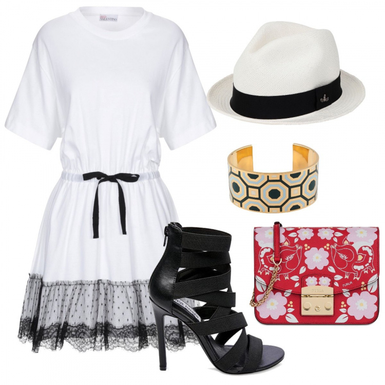 Outfit donna - Exclusiva. Stile Trendy per Serata fuori. Abbinamento con vestito corto a trapezio con pizzo collo tondo a maniche corte interno sfoderato in cotone jersey, bracciale, cappello contrasto in paglia tinta unita, sandali con fasce in ecopelle, borsa a tracolla.
