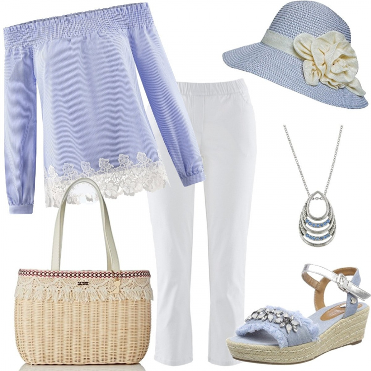 Outfit donna - Fine settimana a Capri. Stile Chic per Mare. Abbinamento con pantaloni, camicie, sandali, cappello, shopping bag, collana.