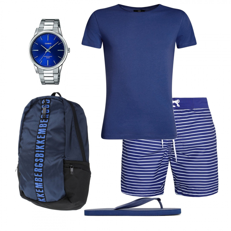 Outfit uomo - La piscina aspetta. Stile Casual per Mare. Abbinamento con zaino, costumi, t-shirt, orologi analogici, infradito con suola sagomata effetto zigrinato collo a v  navy.