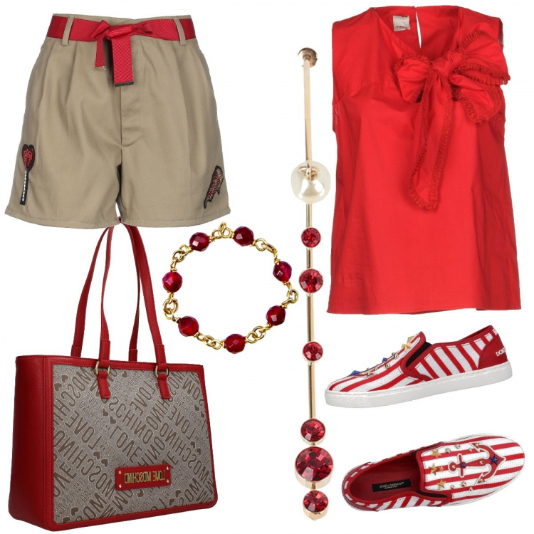 Outfit donna - Come i pom-poms. Stile Bon Ton per Tutti i giorni. Abbinamento con top, shorts con fusciacca contrasto vita alta con zip in gabardine tinta unita, sneakers tennis, anello oro, orecchini con strass e perline con farfallina in ottone, borse a spalla.