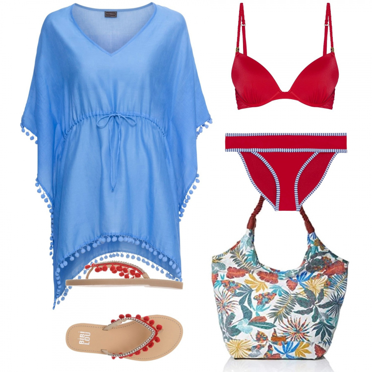Outfit donna - Mini pom pom. Stile Basic per Mare. Abbinamento con tunica blu, infradito con strass contrasto senza tacco a punta tinta unita, slip a righe interno sfoderato, reggiseno contrasto interno foderato jersey, borse a spalla.