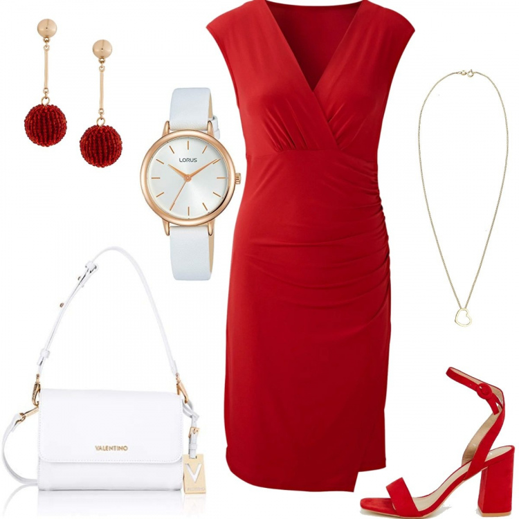 Outfit donna - Basic #9569. Stile Basic per Cerimonia. Abbinamento con vestito con scollo in maglina tinta unita, orecchini con perline e sfere oro, sandali con tacco largo e punta quadrata rosso, borsa a tracolla bianco, ciondoli, orologi analogici.