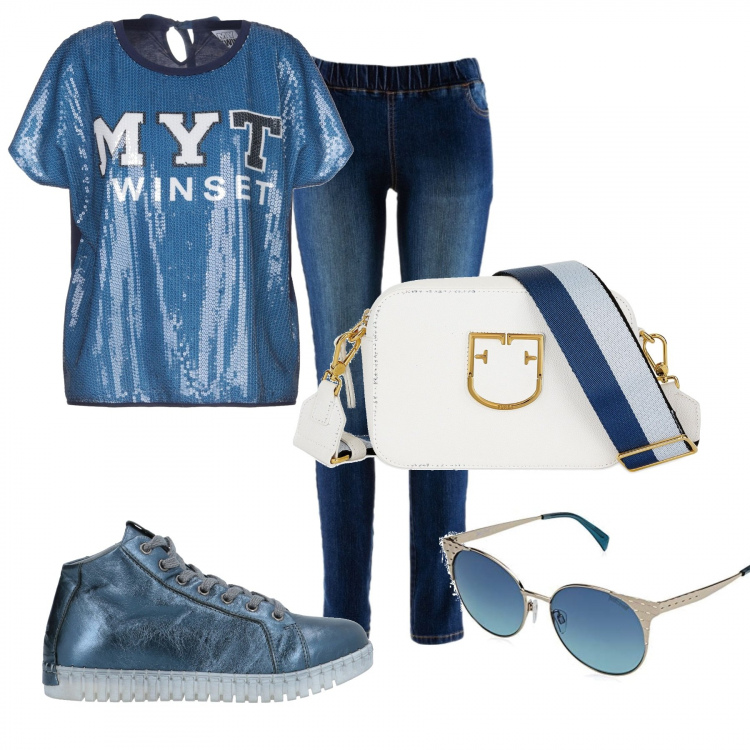 Outfit donna - Trendy #15833. Stile Trendy per Tutti i giorni. Abbinamento con treggings, t-shirt senza tasche fantasia multicolore con paillettes collo tondo a maniche corte interno semi-foderato in cotone jersey, borsa a tracolla mini contrasto con zip interno foderato tinta unita, sneakers tennis effetto laminato con punta tonda tinta unita, montatura occhiali.