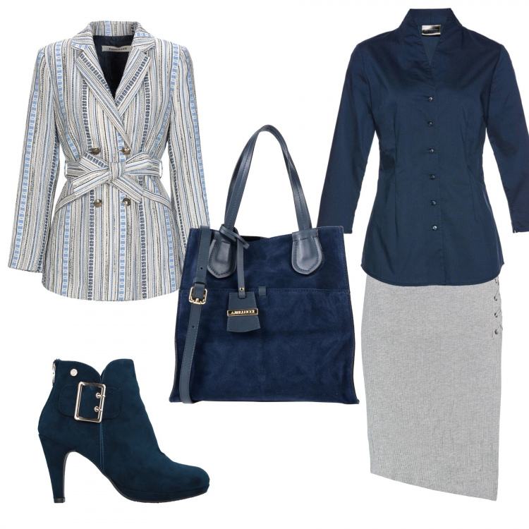 Outfit donna - Blue & Grigio classico. Stile Urban per Ufficio. Abbinamento con giacca doppiopetto fantasia multicolore effetto acetato collo con revers a maniche lunghe interno foderato jacquard, gonna al ginocchio interno sfoderato jersey, stivaletti effetto scamosciato con fibbia interno foderato con punta tonda tinta unita, borsa a mano effetto scamosciato taglia media doppio manico interno foderato tinta unita, camicie.
