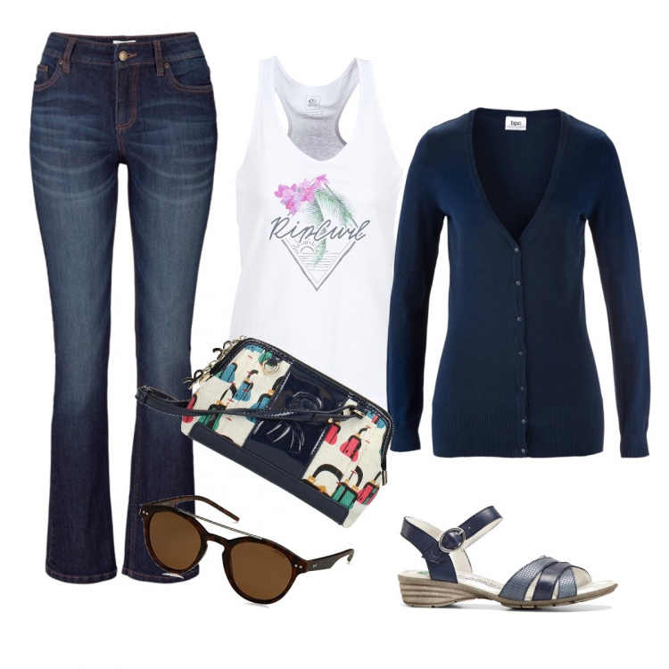 Outfit donna - Trendy #15850. Stile Trendy per Tutti i giorni. Abbinamento con jeans bootcut, cardigans, sandali con cinturino blu, borsa a tracolla con stampa e logo frontale beige, top bianco, occhiali da sole effetto acetato.