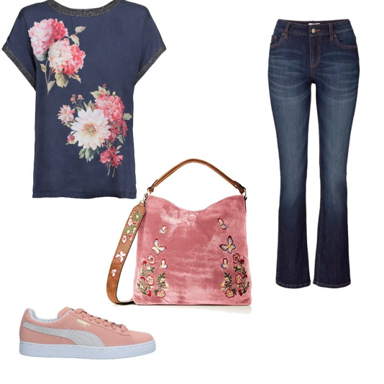 Outfit donna - Una passeggiata al parco. Stile Basic per Tutti i giorni. Abbinamento con jeans bootcut, maglia fantasia floreale con scollo blu, sneakers tennis, borsa a spalla in velluto rosa.