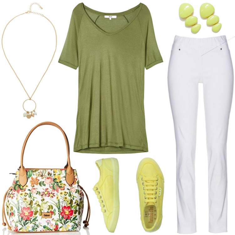 Outfit donna - Passeggiata al laghetto dei cigni. Stile Basic per Tutti i giorni. Abbinamento con pantaloni, collana pendenti oro, sneakers, t-shirt con scollo a maniche corte verde e oliva, borsa a spalla con zip bianco, orecchini con pietra.