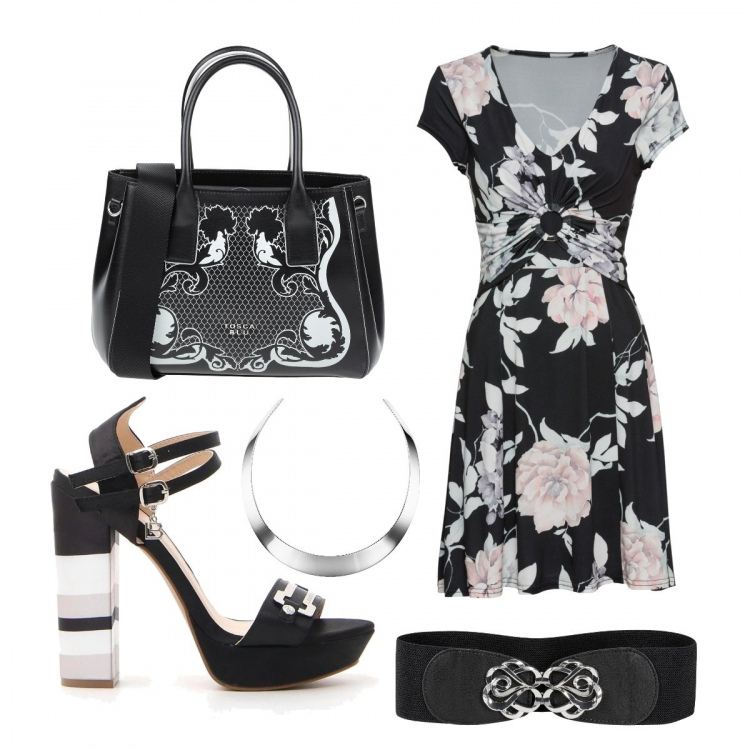 Outfit donna - Bon Ton #7865. Stile Bon Ton per Serata fuori. Abbinamento con cinture, parka, borsa a mano con stampa taglia media doppio manico in pelle tinta unita blu, sandali, collana girocollo rigido.