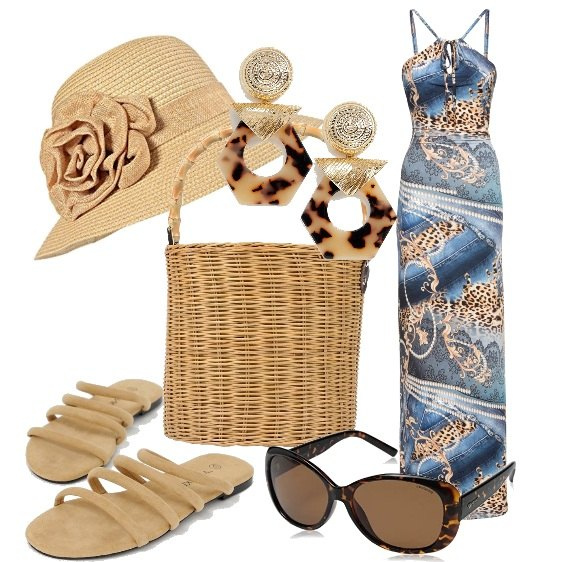 Outfit donna - Aperitivo in spiaggia stile Cavalli. Stile Trendy per Mare. Abbinamento con vestiti lunghi, borsa a mano mini interno foderato tinta unita, cappello, sandali beige, occhiali da sole, orecchini oro.