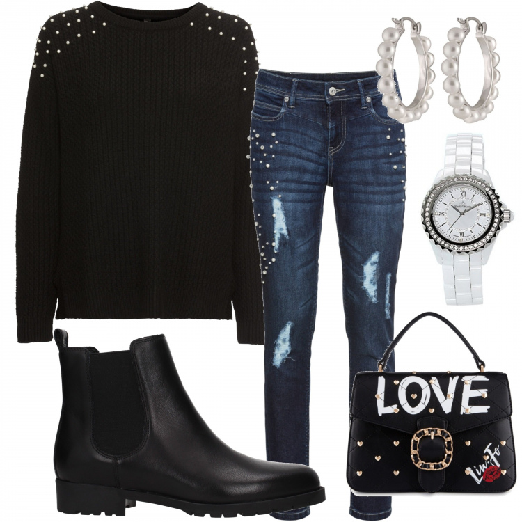 Outfit donna - Perle ..Un po\' ovunque. Stile Urban per Tutti i giorni. Abbinamento con maglione con perle e scollo nero, maglieria, stivaletti nero, borsa a tracolla con stampa e borchie con fibbia in pelle sintetica, orecchini con perle in placcato rodio fatto a mano argento e bianco, orologio analogico bianco.