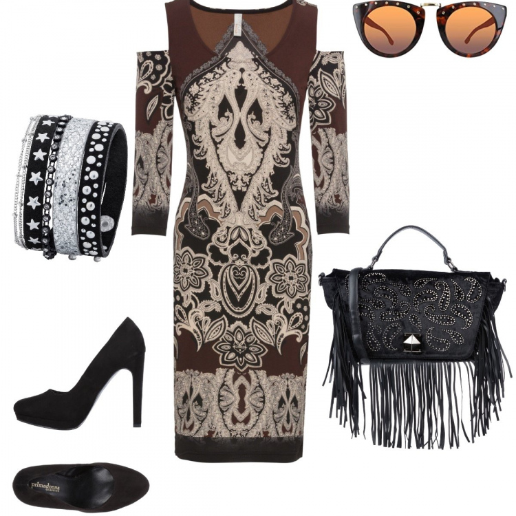 Outfit donna - INSPO Roberto Cavalli #camaleontica. Stile Bon Ton per Tutti i giorni. Abbinamento con blazer, bracciale con strass glitter nero, borsa a mano messenger con strass e frange taglia media interno foderato in velluto con manico tinta unita, décolleté effetto scamosciato con tacco squadrato e punta tonda in pelle sintetica tinta unita, occhiali da sole marrone.