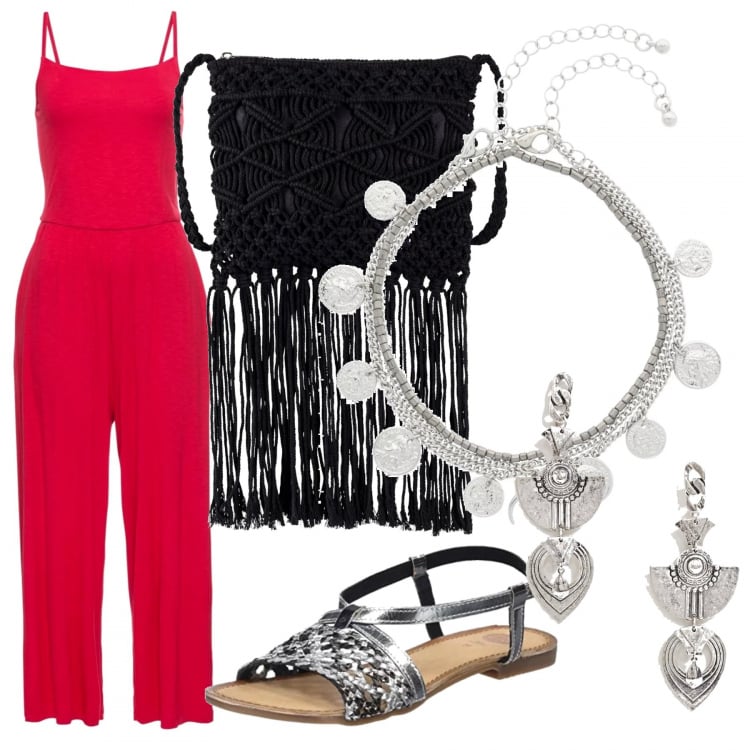 Outfit donna - Frange e metallo. Stile Etnico per Tutti i giorni. Abbinamento con vestiti midi/longuette, tuta con spalline sottili rosso, borse a tracolla, sandali, orecchini argento.
