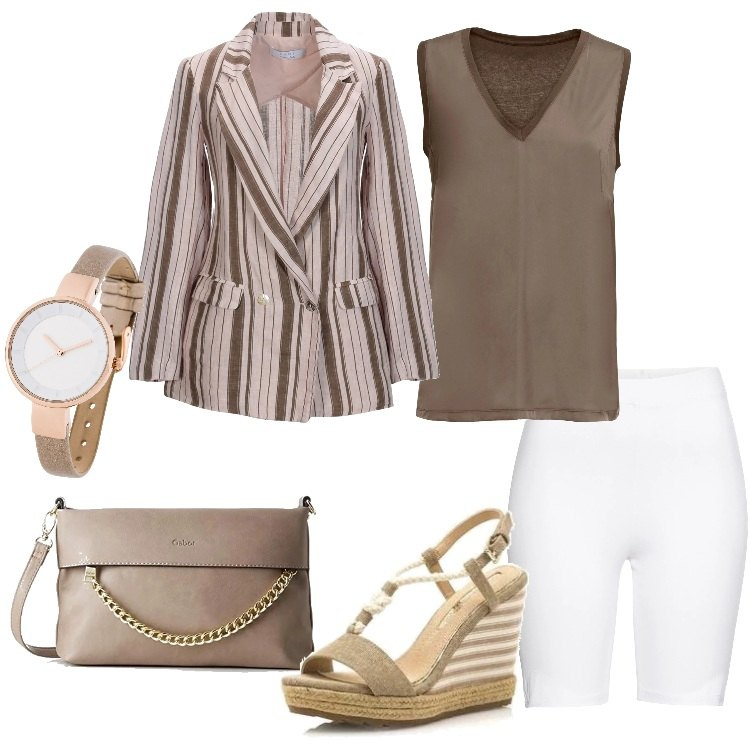 Outfit donna - Tendenze 2019 Roberto Cavalli. Stile Trendy per Tutti i giorni. Abbinamento con top effetto satinato con scollo jersey marrone, pantalone corto bianco, portafogli, giacca doppiopetto a righe collo con revers a maniche lunghe interno sfoderato in lino, sandali con zeppe a righe con fibbia e punta tonda beige, borsa a tracolla.