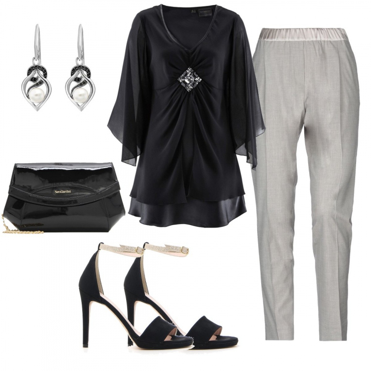 Outfit donna - Elegantissima. Stile Chic per Cerimonia. Abbinamento con tuniche, pantalone vita alta in raso tinta unita, sandali, orecchini pendenti in sterling 925 ipoallergenico argento e bianco, pochette effetto vernice nero.