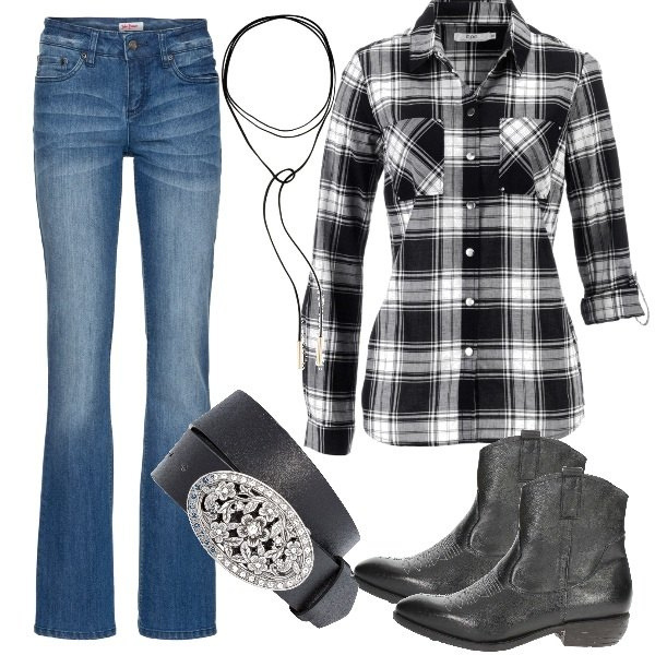 Outfit donna - Simil Country. Stile Trendy per Tutti i giorni. Abbinamento con jeans bootcut, camicie, cinture, collana effetto scamosciato in pelle sintetica oro e nero, stivaletti nero.