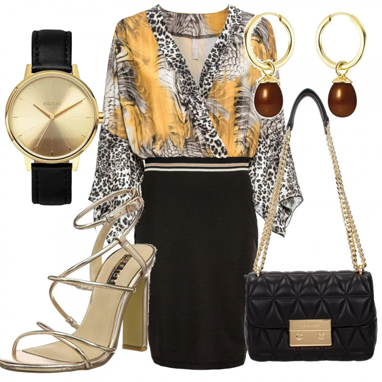Outfit donna - Jaguar come Roberto Cavalli. Stile Sexy per Serata fuori. Abbinamento con vestiti, borsa a spalla con logo frontale nero, scarpe col tacco open toe rosa, orecchini con perle in oro giallo marrone, orologi.