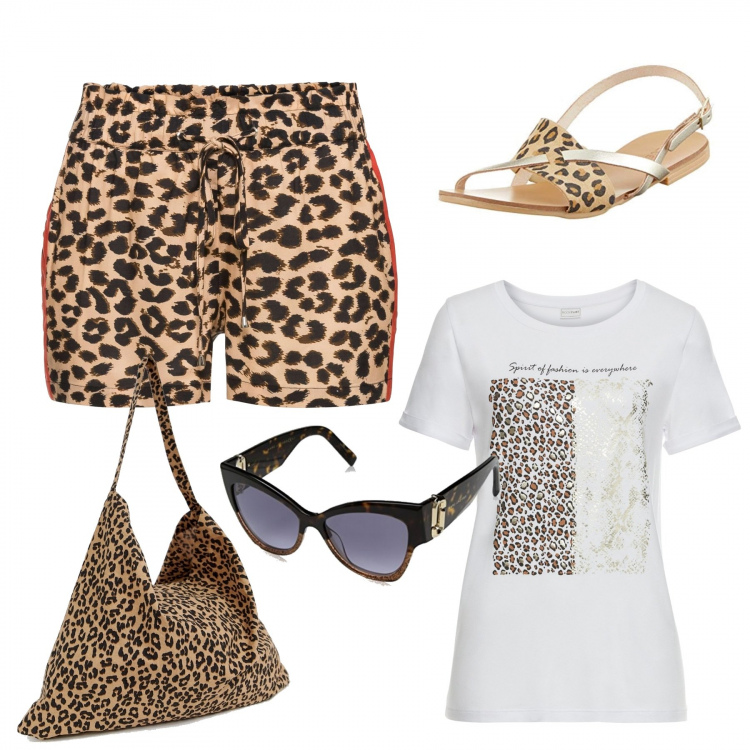 Outfit donna - Roberto Cavalli. Stile Trendy per Tutti i giorni. Abbinamento con sciarpe, maglia con stampa a maniche corte a punta bianco, vestito maxi animalier, occhiali da sole marrone, sandali con cinturino in pelle marrone.