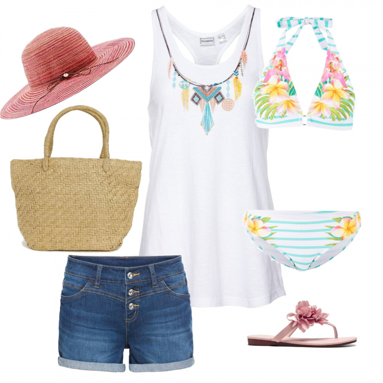 Outfit donna - Relax al mare. Stile Trendy per Mare. Abbinamento con shorts, bikini, canottiere, ciabatte, shopping bag in paglia beige, cappelli.