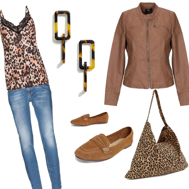 Outfit donna - Il tocco animalier. Stile Trendy per Tutti i giorni. Abbinamento con jeans delavé con zip in denim tinta unita, giubbotto collo coreana a maniche lunghe con zip interno foderato in pelle sintetica tinta unita, vestiti, vestito maxi animalier, mocassini contrasto, orecchini.