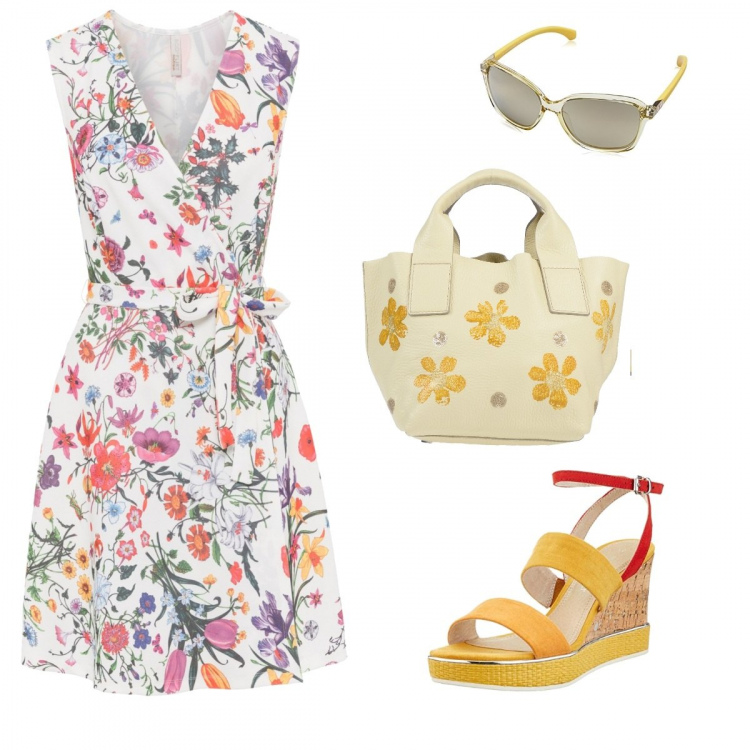 Outfit donna - Semplicemente in fiore. Stile Basic per Tutti i giorni. Abbinamento con borsa a mano con stampa in pelle martellata taglia media doppio manico interno sfoderato tinta unita, vestito con cintura bianco, sandali con plateau giallo, occhiali da sole.