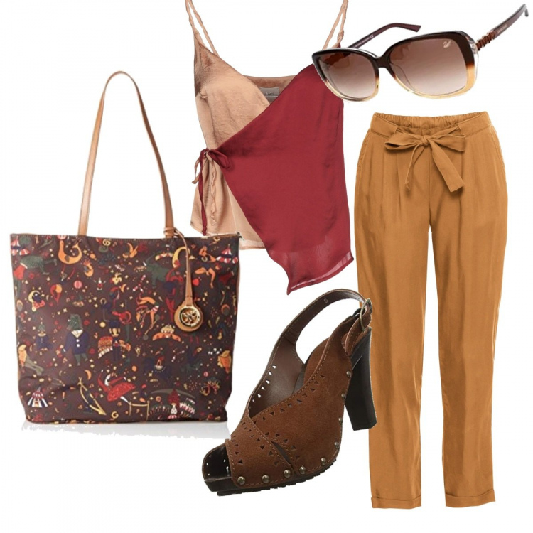Outfit donna - Colori caldi. Stile Sexy per Serata fuori. Abbinamento con top in raso tinta unita, shopping bag, sandali effetto scamosciato open toe marrone, occhiali da sole marrone, borsa a mano tote marrone.