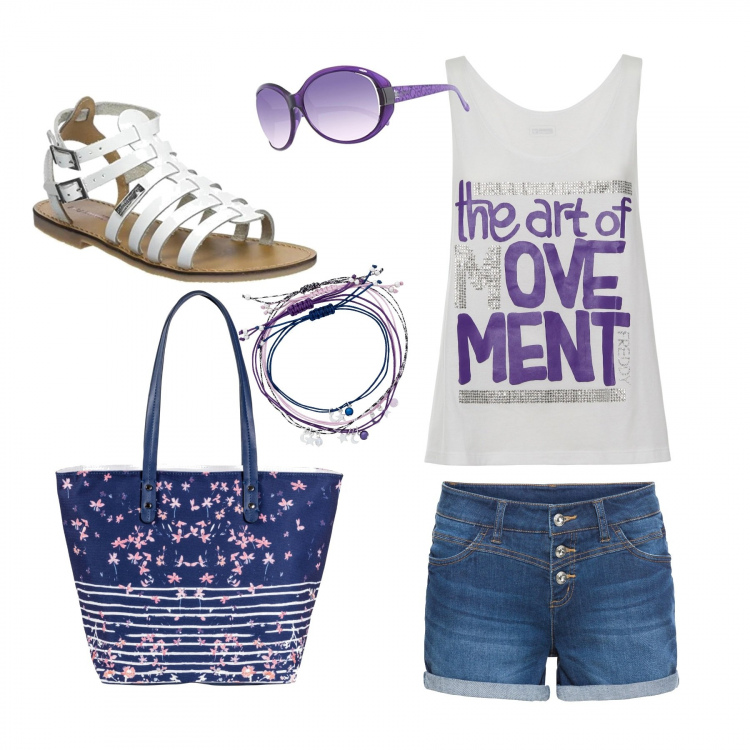 Outfit donna - Urban #5405. Stile Urban per Tutti i giorni. Abbinamento con shorts, shopping bag fantasia floreale con zip blu, braccialetto, top con stampa glitter con scollo in cotone bianco, sandali, occhiali da sole.