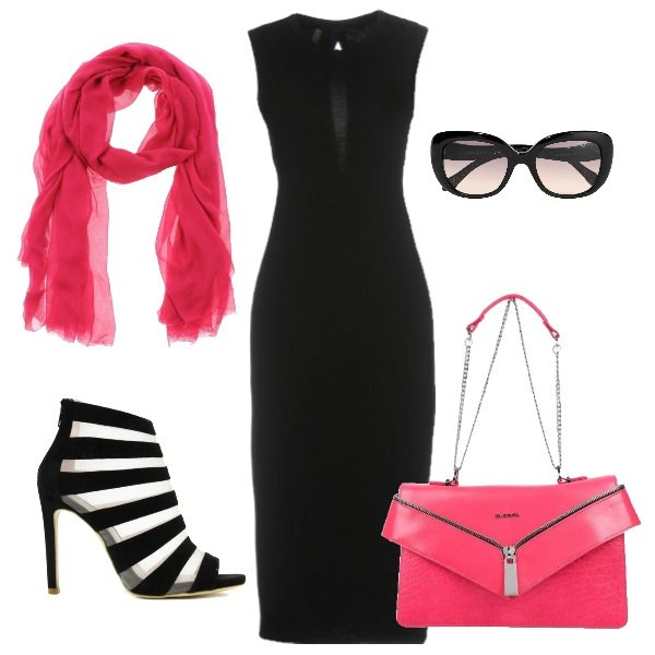Outfit donna - 90% Modal 10% Cachemire. Stile Sexy per Serata fuori. Abbinamento con vestito a tubino collo tondo interno sfoderato in seta jersey, borsa a spalla taglia media a scatto tinta unita, occhiali da sole lenti sfumate tinta unita, stola tinta unita, sandali a rete con zip.