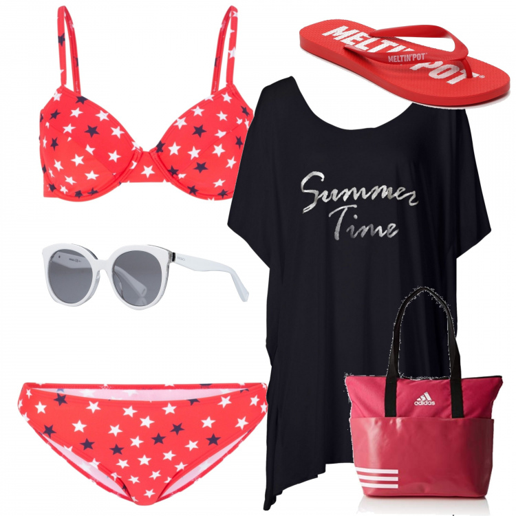 Outfit donna - Mattinata al mare. Stile Trendy per Mare. Abbinamento con vestiti da spiaggia, bikini con ferretto, occhiali da sole lenti colorate tinta unita, shopping bag multicolore, infradito con stampa e punta tonda rosso e bianco.